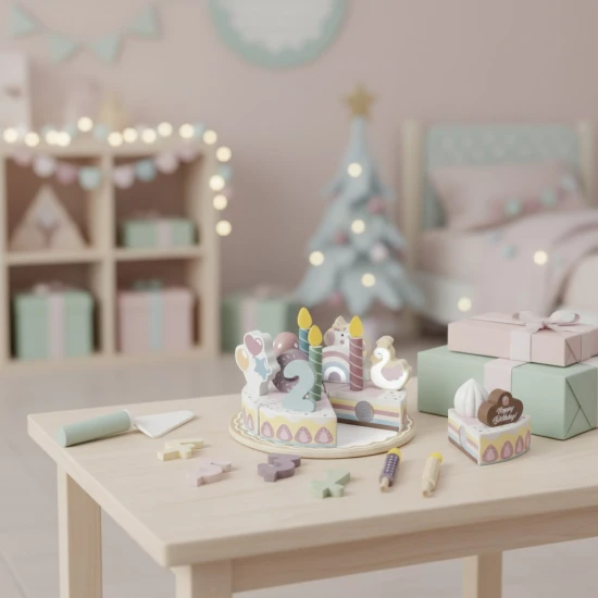 Holzkuchen für Kinder mit Kerzen – ein Spielzeug für Kinder