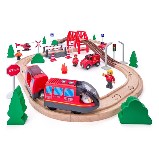 Holzeisenbahn mit elektrischer Lokomotive Feuerwehr 60 Teile – Woody 102192110