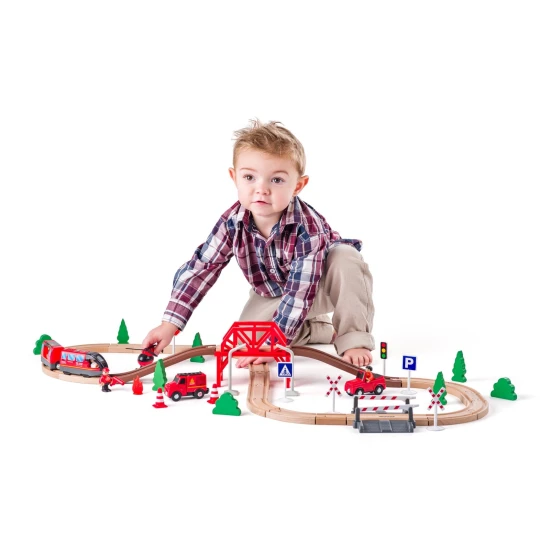 Holzeisenbahn mit elektrischer Lokomotive Feuerwehr 60 Teile – Woody 102192110