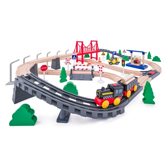 Holzeisenbahn mit elektrischer Lokomotive und Brücke 80 Teile – Woody 102192111