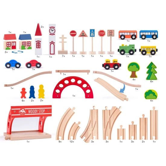 Holzeisenbahn mit Brücke und Haltestelle Holzeisenbahn mit Brücke und Haltestelle – Woody 102193062