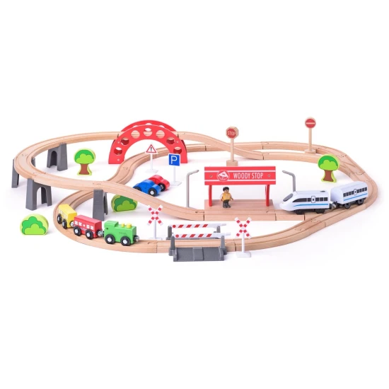 Holzeisenbahn mit elektrischer Lok und Viadukt Holzeisenbahn mit elektrischer Lok und Viadukt – Woody 102193064