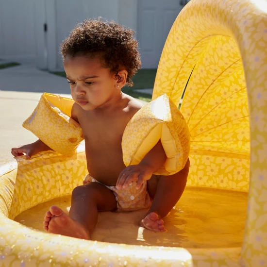 Aufblasbares Kinderbecken mit Baldachin Florish Yellow – gelbes Becken mit Blumenmuster.