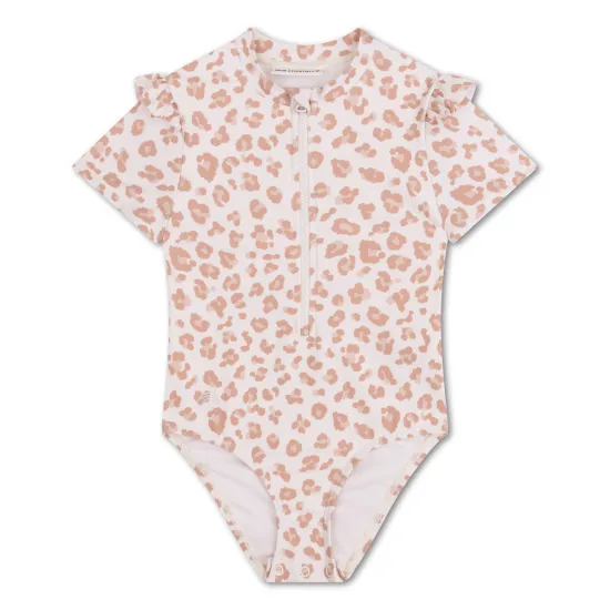 Kurzarm-Badeanzug für Mädchen mit UPF 50+ Beige Leopard Swim Essentials