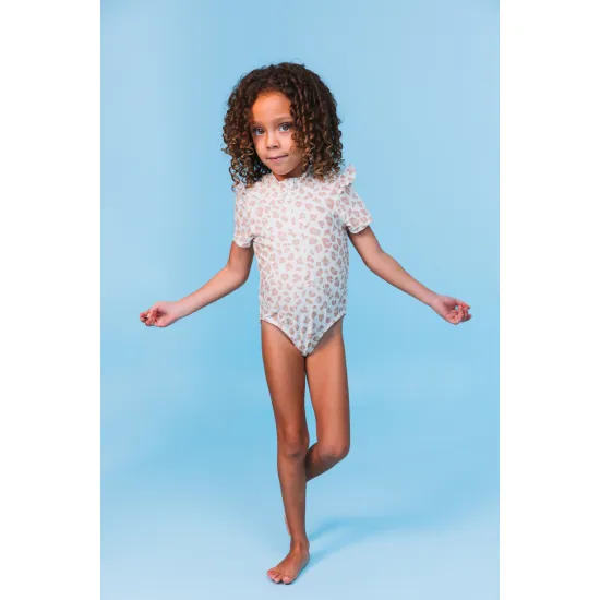 Kurzarm-Badeanzug für Mädchen mit UPF 50+ Beige Leopard Swim Essentials