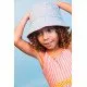 Wendehut für Kinder mit LSF 50+ – Blumenmuster auf der einen Seite, einfarbiges Design auf der anderen. Breite Krempe für Sonnenschutz.