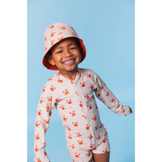 Wendehut für Kinder mit LSF 50+ – Krabbenmuster auf der einen Seite, einfarbiges Design auf der anderen. Breite Krempe für Sonnenschutz.