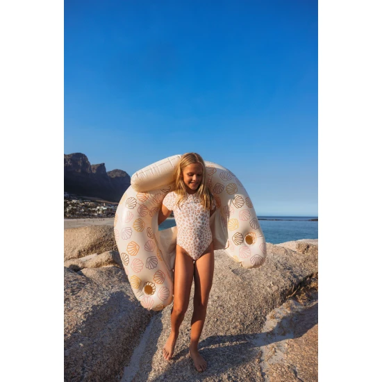 Kurzarm-Badeanzug für Mädchen mit UPF 50+ Beige Leopard Swim Essentials