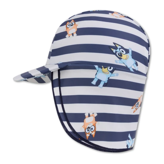 Der praktische gestreifte Sommerhut mit Nackenschutz von Swim Essentials mit Bluey-Motiv schützt Kinder vor UV-Strahlung.