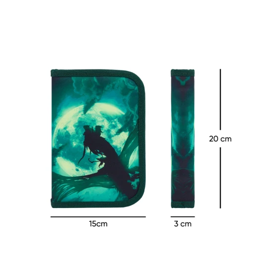 Einstöckiges Schulmäppchen mit Drachenmotiv, praktischen Schlaufen und einem Fach für Kleinteile.