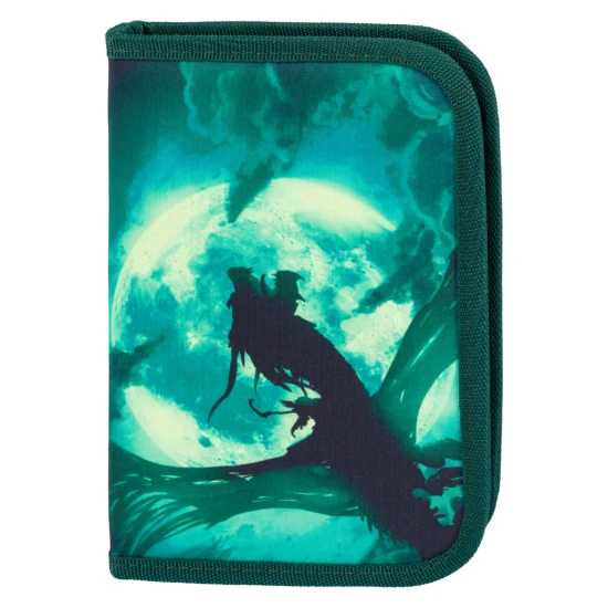 Einstöckiges Schulmäppchen mit Drachenmotiv, praktischen Schlaufen und einem Fach für Kleinteile.