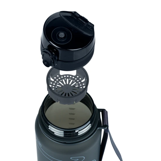 Tritan-Flasche Schwarz 800 ml mit Schlaufe und Sieb, ideal für Schule, Sport und Ausflüge, frei von BPA, PVC und Phthalaten.