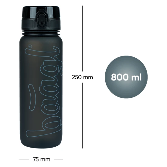 Tritan-Flasche Schwarz 800 ml mit Schlaufe und Sieb, ideal für Schule, Sport und Ausflüge, frei von BPA, PVC und Phthalaten.