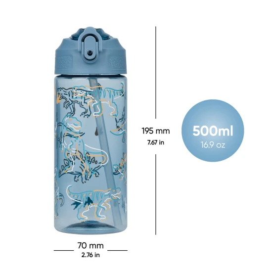 Tritan-Trinkflasche mit Strohhalm Dino 500 ml, BPA-frei, praktisch und robust für Schulkinder und Sportler.