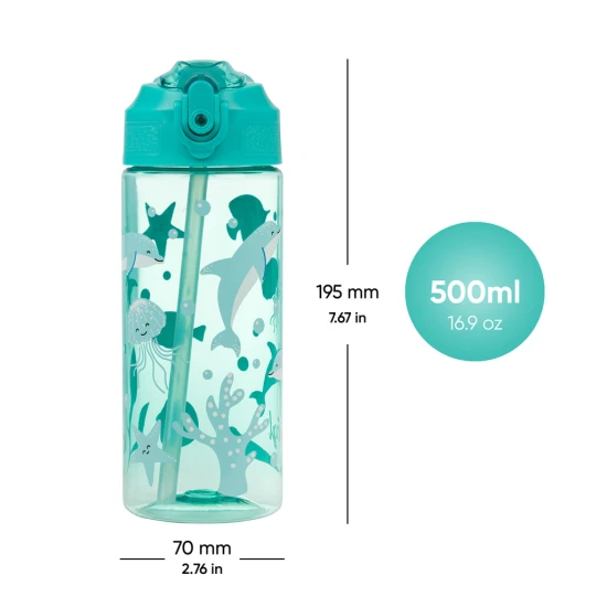 Tritan-Trinkflasche mit Strohhalm Delfin 500 ml, BPA-frei, praktisch und robust für Schulkinder und Sportler.