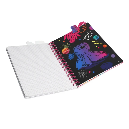 A5 Stitch Black Notizbuch mit Spirale, Lesezeichen und quadratischen Seiten
