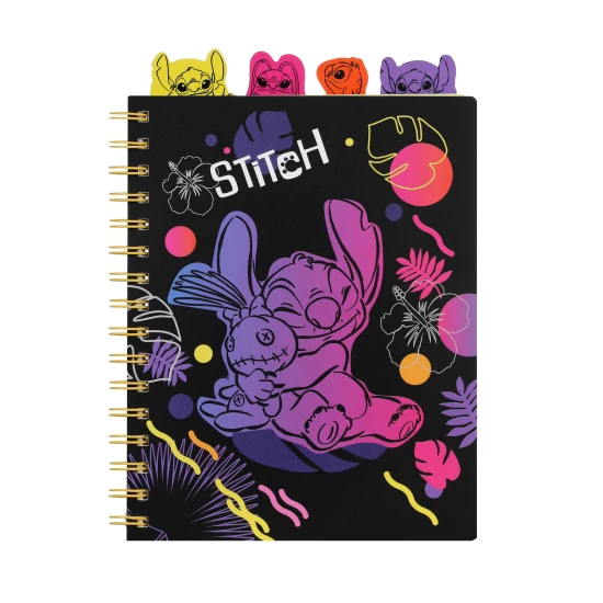A5 Stitch Black Notizbuch mit Spirale, Lesezeichen und quadratischen Seiten