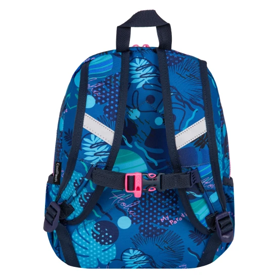 Blauer Kinderrucksack von Toby Stitch mit verstellbaren Schultergurten und Sicherheitspfeife.