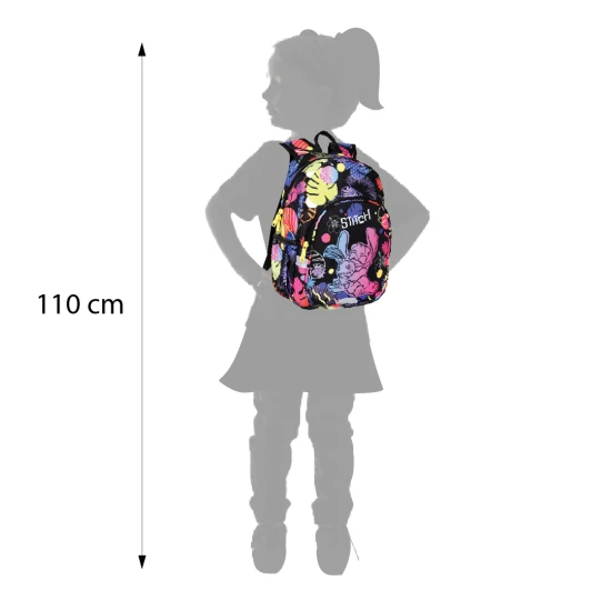Kinderrucksack Toby Stitch Schwarz mit verstellbaren Schultergurten und Sicherheitspfeife.