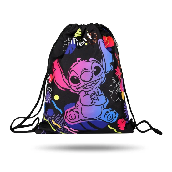 Stitch Schwarze Sporttasche mit Stitch-Illustration, Pastellfarben und doppeltem Kordelzug zum Tragen