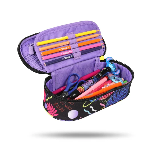 Federmäppchen Campus Stitch Black – ein praktischer Organizer mit Gummibändern für Schreibwaren und einer Netztasche mit Reißverschluss.