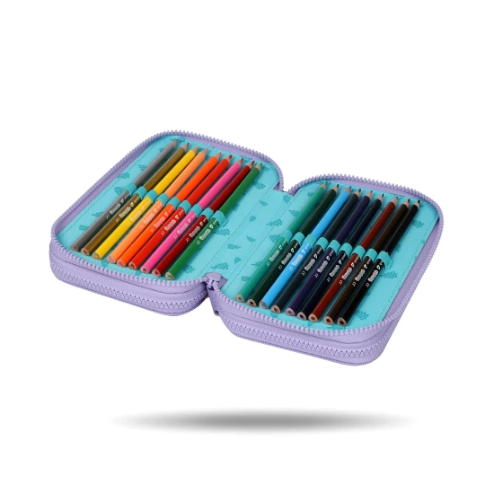 Dreistöckiges Schulmäppchen mit Stitch-Motiv in Pastellfarben mit Komplettausstattung für Kinder