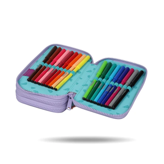 Dreistöckiges Schulmäppchen mit Stitch-Motiv in Pastellfarben mit Komplettausstattung für Kinder