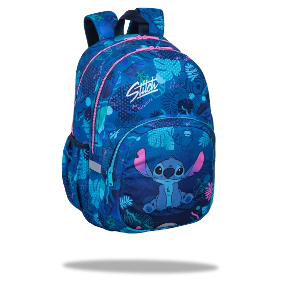 Schulranzen Rider 43 cm Stitch Blue mit geräumigen Fächern, einem Laptopfach und einem Trinkflaschenfach.