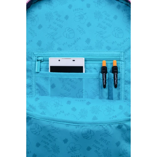 Schulranzen Rider 43 cm Stitch Blue mit geräumigen Fächern, einem Laptopfach und einem Trinkflaschenfach.