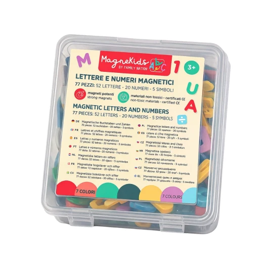 MagneKids Set mit 77 magnetischen Buchstaben und Zahlen Pastell – Family Nation FN-MONT-MKIDS-LET-PAS
