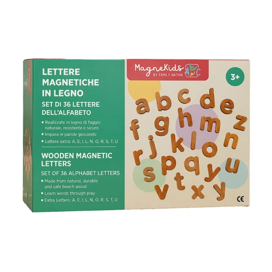 MagneKids Set mit 36 magnetischen Holzbuchstaben – Family Nation FN-MONT-MKIDS-LET-WOD