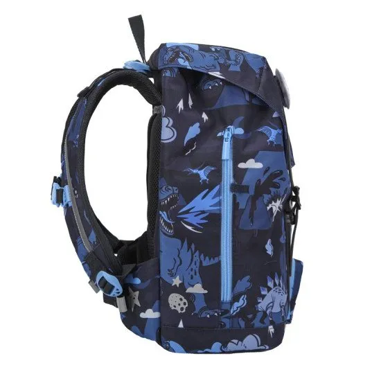 Der leichte Schulranzen „Retro Dinosaur Dark Blue“ passt perfekt auf den Rücken eines kleinen Schülers.