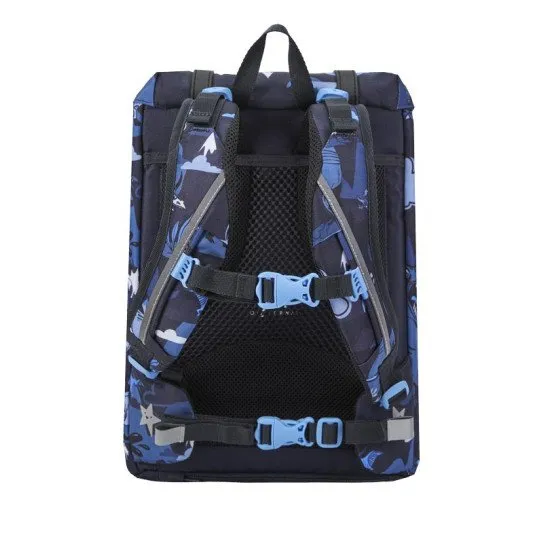 Der leichte Schulranzen „Retro Dinosaur Dark Blue“ passt perfekt auf den Rücken eines kleinen Schülers.