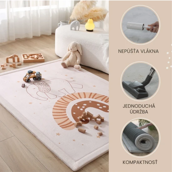 Kinderteppich Regenbogenelefant für sicheres und komfortables Spielen.