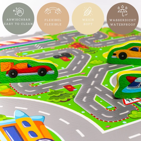 Spielschaum-Puzzlematte mit Straßen, Gebäuden und Autos, 1,2x1,2 m - Kinder-Autobahn aus EVA-Schaum