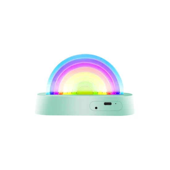 Die tanzende Regenbogenlampe in Mintfarbe wechselt im Rhythmus der Musik ihre Farben.