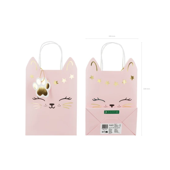 Rosa Geschenktüte mit dem Motiv einer Katze und einer Katzenpfote.