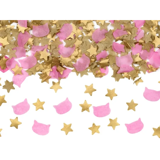 Sterne und Katzen Konfetti – goldene Sterne und rosa Katzen als Deko für eine Kinderparty