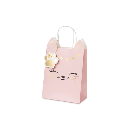 Rosa Geschenktüte mit dem Motiv einer Katze und einer Katzenpfote.