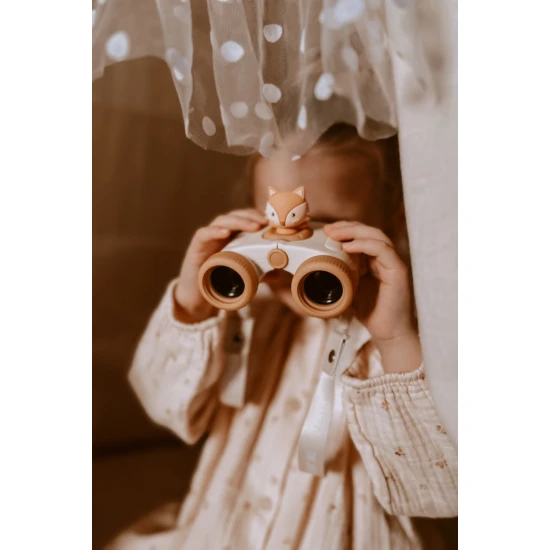 Kinderfernglas Zoo Eyes in Fuchsform mit orangem Design und 8-facher Vergrößerung