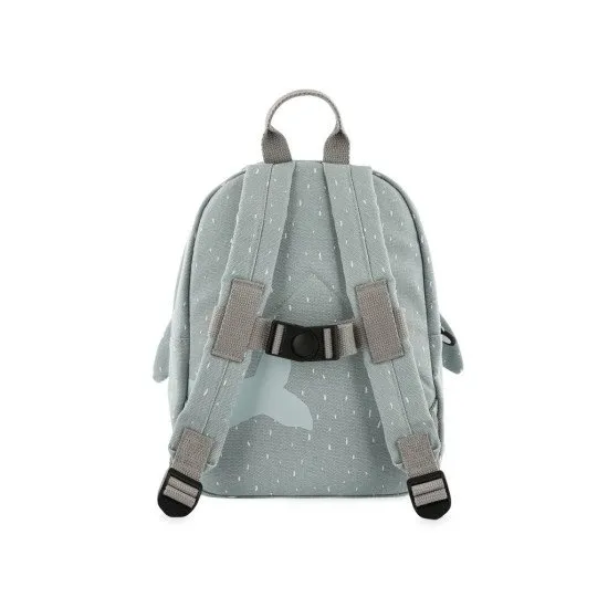 Blauer Kinderrucksack mit Hai-Motiv.