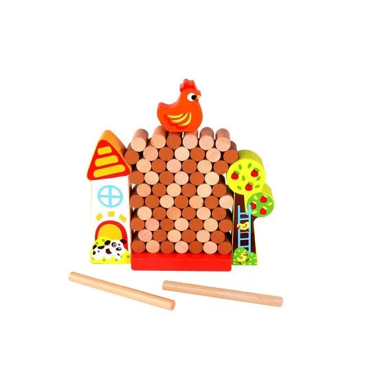 Holz-Jenga-Hühnchen im Hühnerstall – Schieben Sie die Rollen und verhindern Sie, dass das Huhn herunterfällt.