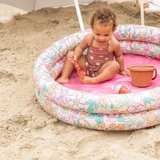 Aufblasbarer Kinderpool Blumen 100 cm mit frischem Blumenmuster und rosa Boden