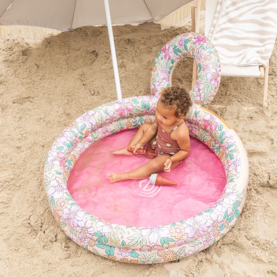 Aufblasbarer Kinderpool Blumen 100 cm mit frischem Blumenmuster und rosa Boden