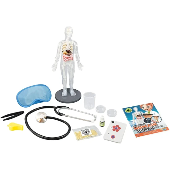 Kinder-Experimentierset mit einem ca. 30 cm hohen Modell des menschlichen Körpers und Zubehör zur Durchführung von 12 Experimenten.