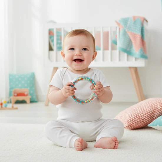 Sanduhr aus Holz und Kunststoff mit Rädern und Kugeln.