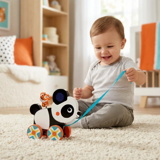 Panda Billie aus Holz, ein Nachziehspielzeug für Kleinkinder.