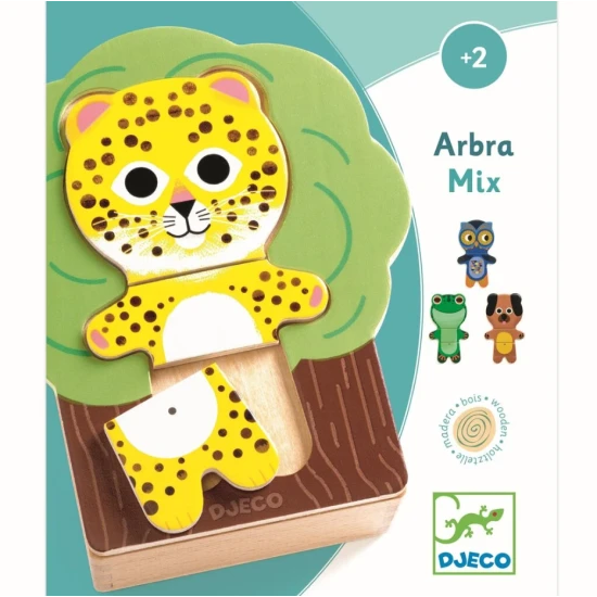 Set aus sechs dreiteiligen Puzzles in einer Holzbox mit geformtem Deckel.