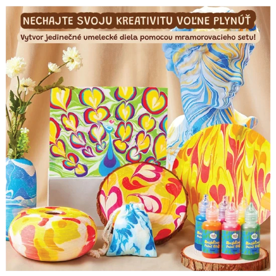 Marmorierset „Jarmelo“ – 12 Flaschen Farbe, Werkzeug und Papier für Wassermarmorierung