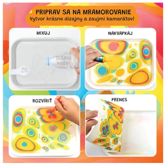 Marmorierset „Jarmelo“ – 12 Flaschen Farbe, Werkzeug und Papier für Wassermarmorierung